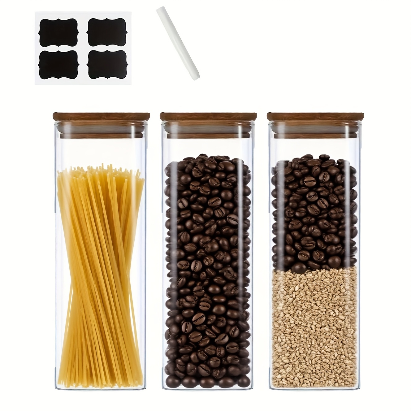 E-shop 3er-Set, 2100ML/68OZ, mit wasserfestem Etikett + Stift, quadratische Vorratsgläser mit Deckel, für Pasta, Kekse, Nüsse, Kaffee, Müsli, Mehl,