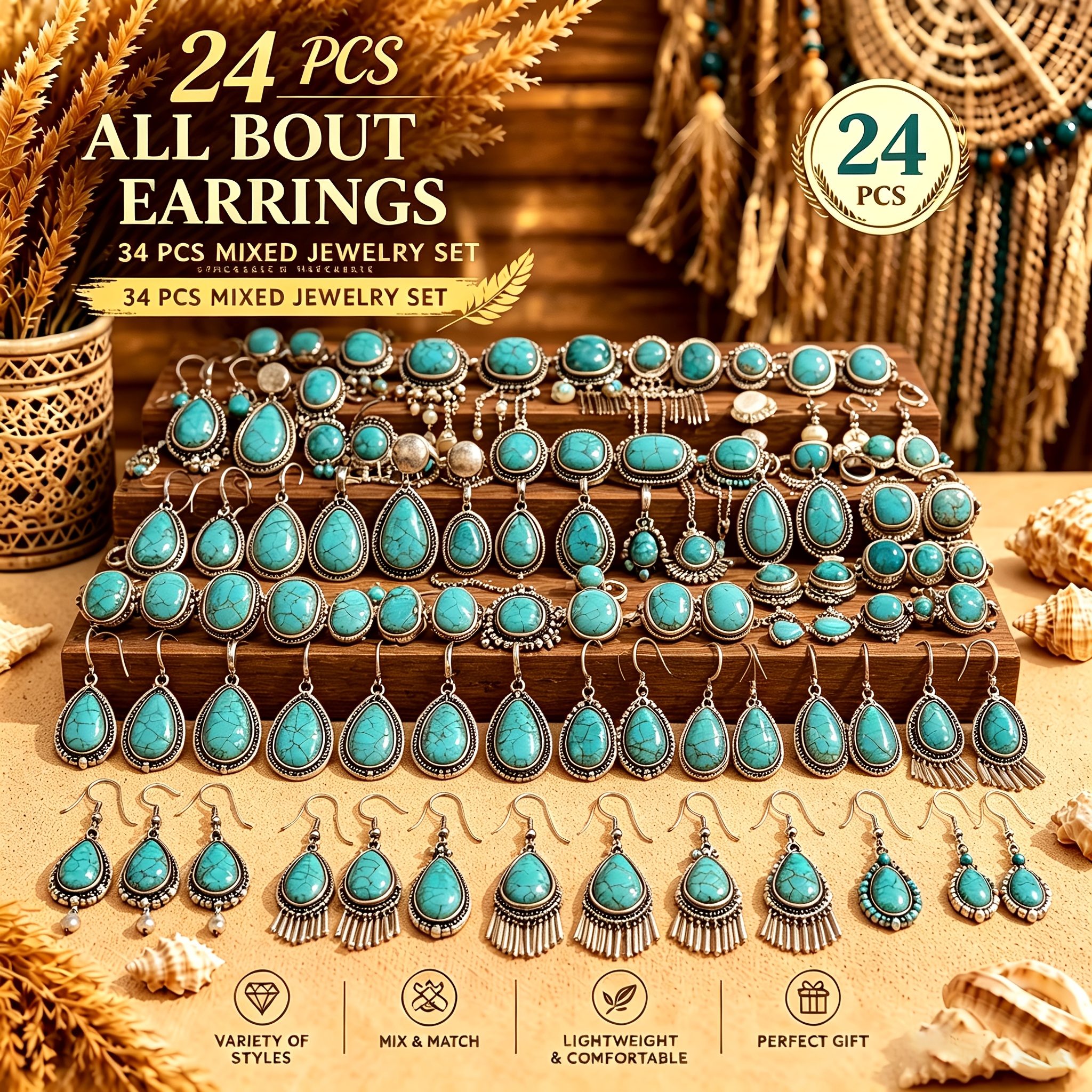 TEMU Random 24pcs Set Of Fashionable, Retro, Bohemian Turquoise-inlaid Earrings-unisex, Perfect For Casual Attire, Vacations, Parties, Valentine's
