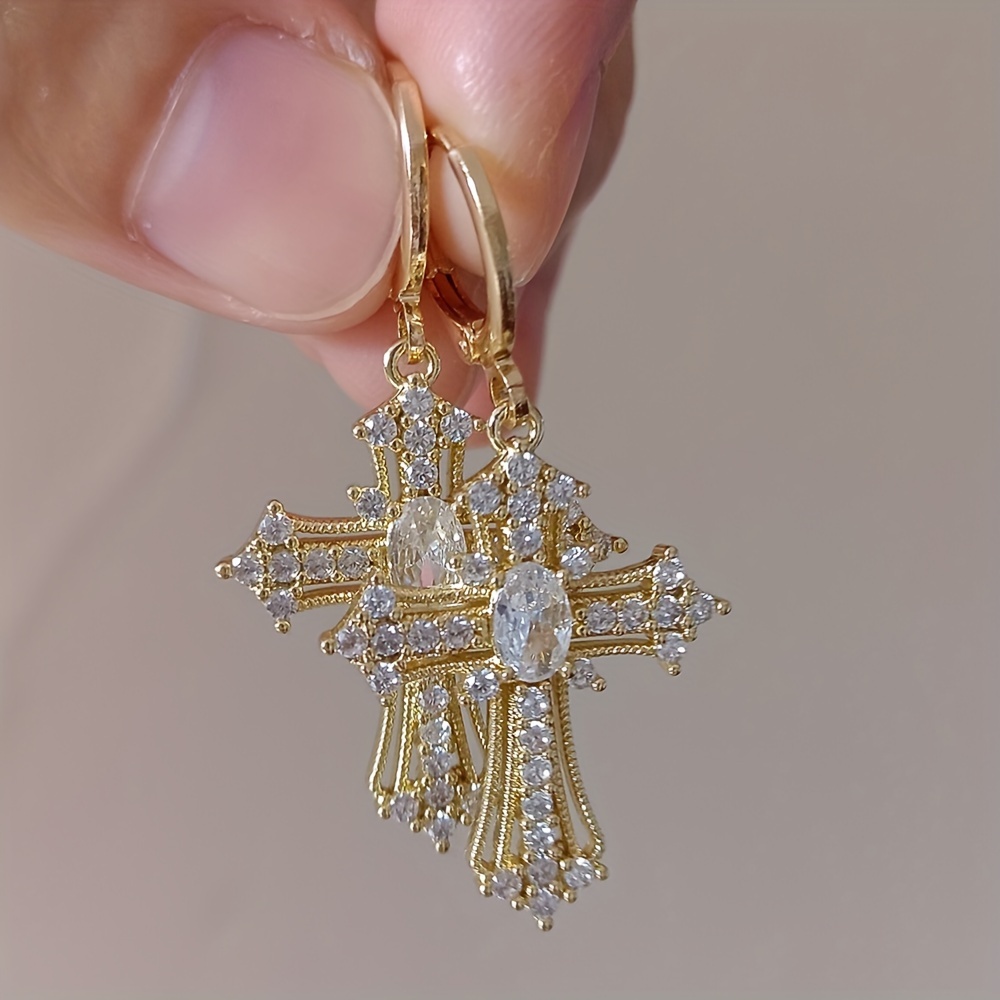 Image of 1 Pair Of Elegant And Luxurious Cross Pendant Earrings For Women, Suitable For Daily Wear And Vacation, Jewelry