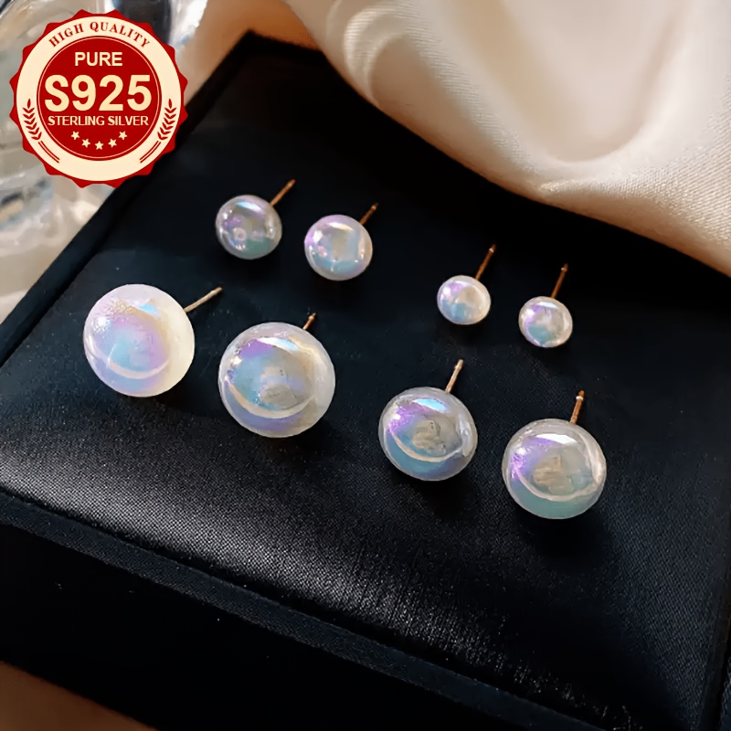 S925 Silver Iridescent Resin Spherical Stud Earrings