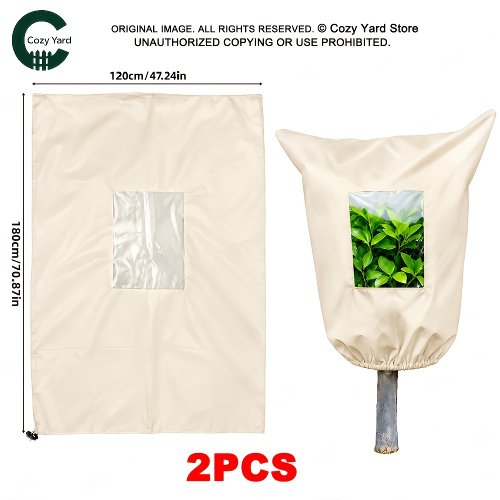 TEMU 2pcs Beige Plant Frost Protection Bags With Clear Window, Zipper & Drawstring, Reusable Winter Plant Covers For Trees, Shrubs, Flowers & Potted