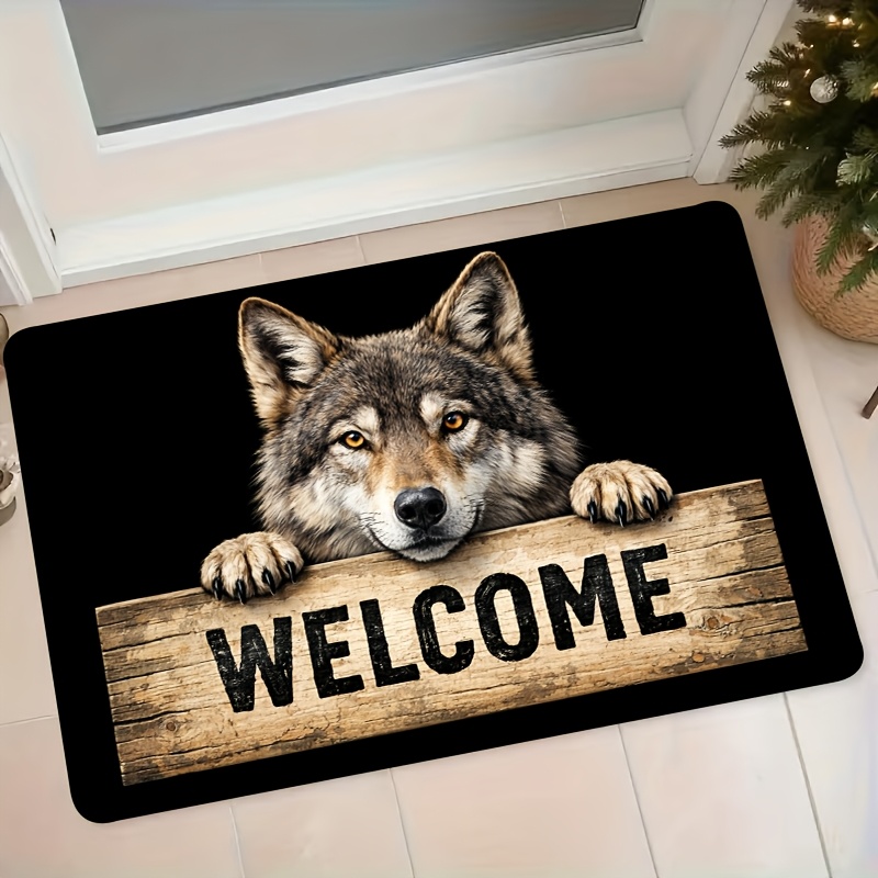 TEMU 1pc Flannel Doormat With Wolf Holding Wooden Welcome Sign Pattern, Non-slip Floor Mat For Bedroom And Living Room, Home Decorative Mat