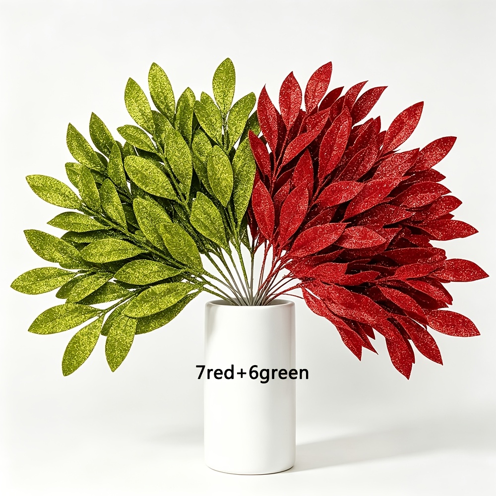 TEMU 13pcs Feuilles Artificielles à Paillettes pour Noël, Hiver, Mariage, Couronne, Arbre, Guirlande, Arrangement Floral, Vase, Bouquets, Centres de
