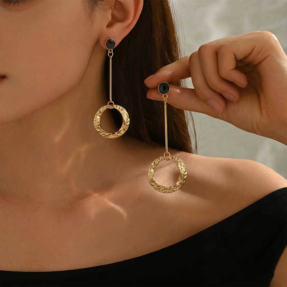TEMU 1 di orecchini pendenti da donna, disco martellato minimalista anello a , orecchini lunghi a con design pendente a catena con lunga, per abiti