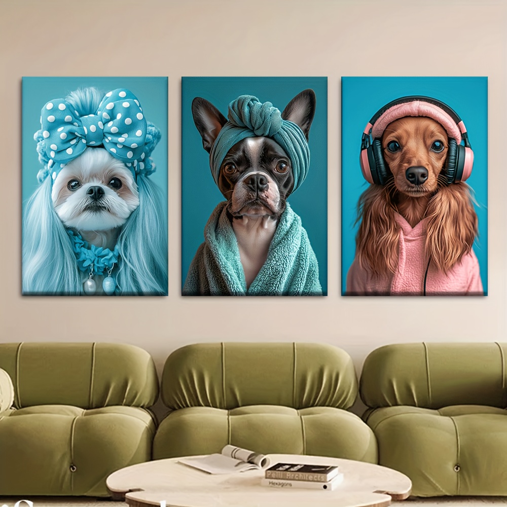 TEMU 3pcs/set, Canvas Painting--unframed, Cute Dog With Headphones And Headbands And Wigs, Posters And Prints, Living Room, Library, Office, Cafe,