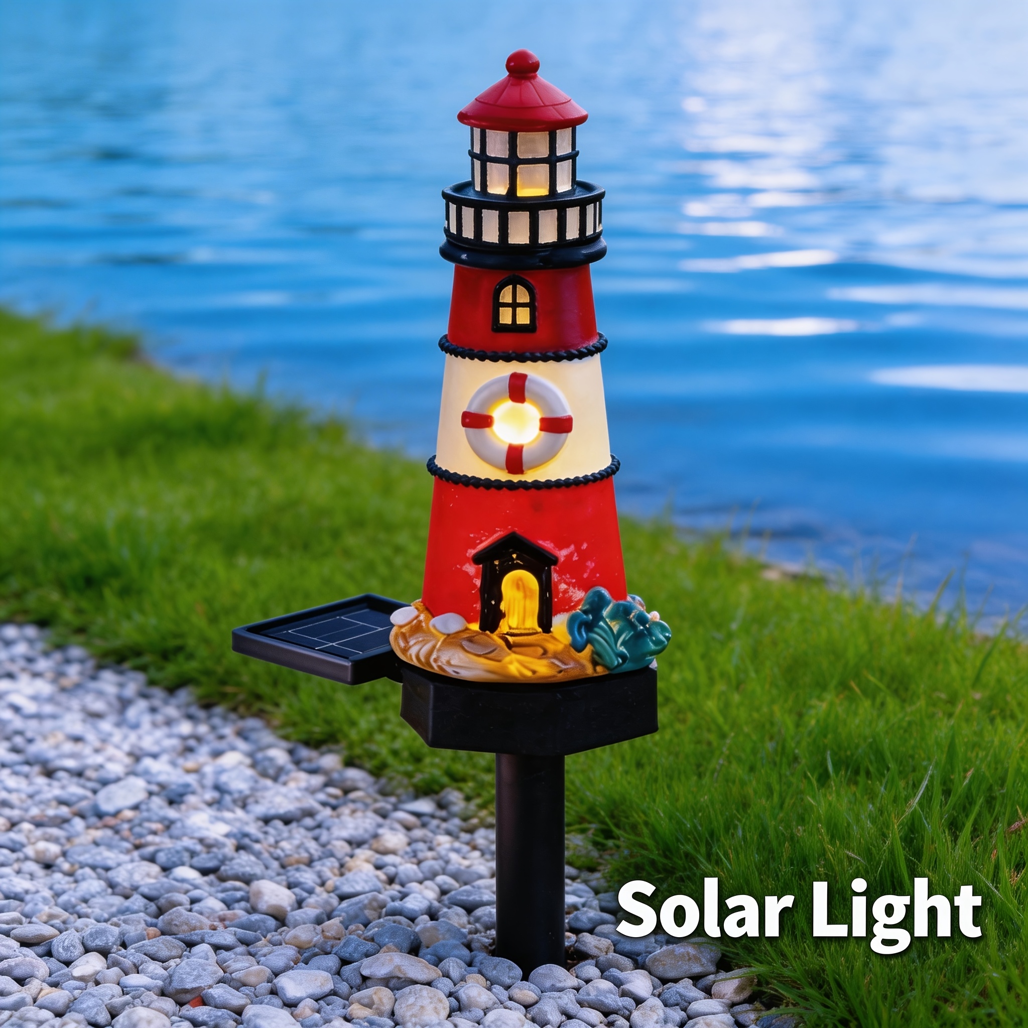 E-shop -Außenleuchte mit Solarpanel & Leuchtturmturm – Harz, Meer geeignet für Garten-, Rasen-, Hofdekoration, Küstenbeleuchtung, Kunststoffsockel,
