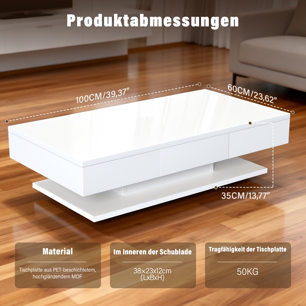Image of White Coffee Table With 2 Drawer And Open Storage Space Modern Side Table Living Room Furniture, A Spacious Desktop, Suitable For Living Rooms, Bedrooms, And Offices.100*60*35cm