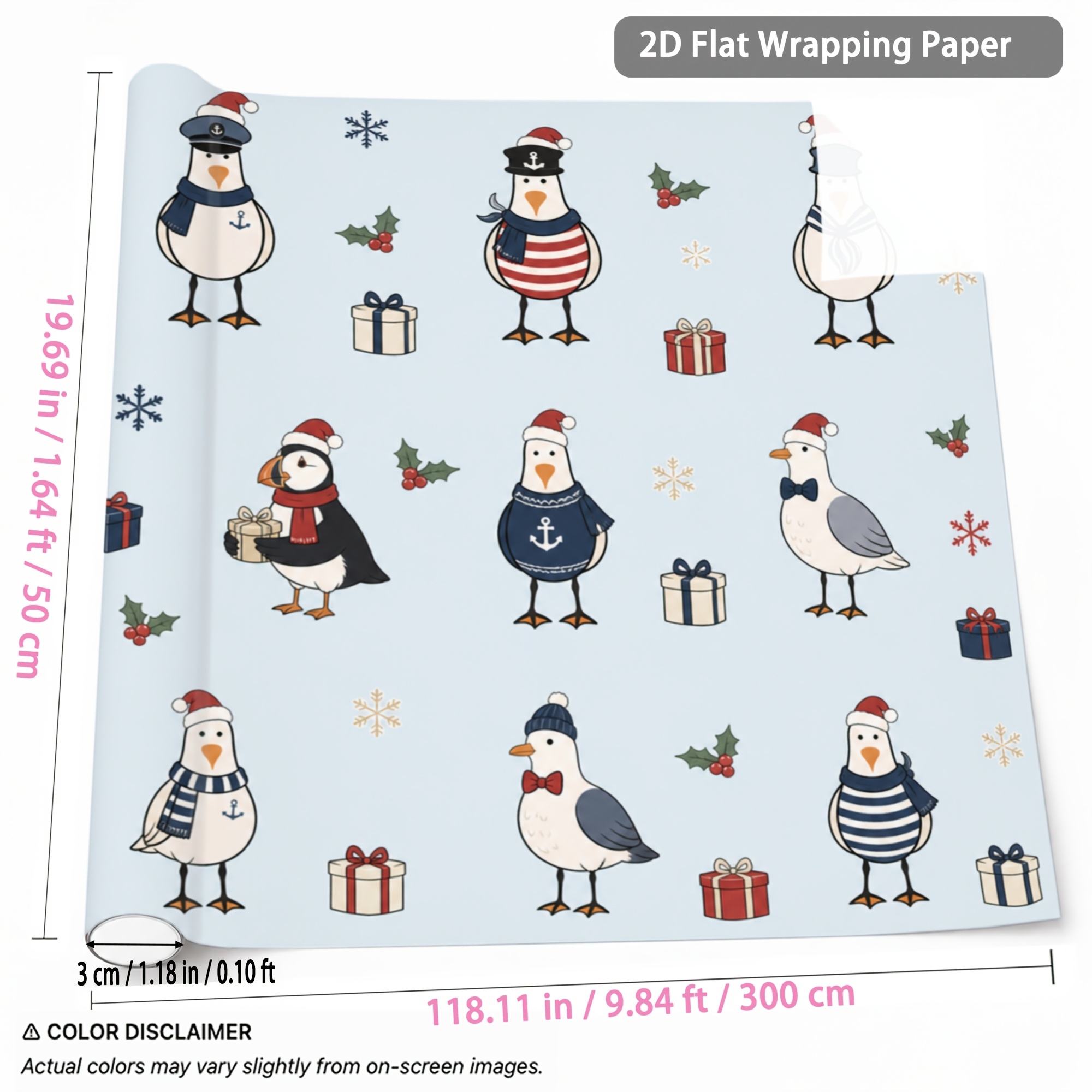 TEMU 1 Rolle Weihnachts-Geschenkpapier 1,64ft x 9,84ft mit Möwen-, Pinguin- Weihnachtsmützen-Muster, Geschenkverpackungspapier für Feiertagsparty,