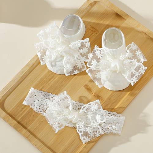 1 set of extra large lace embroidered sweet bow princess boat socks bow headband festivals and first birthday gifts