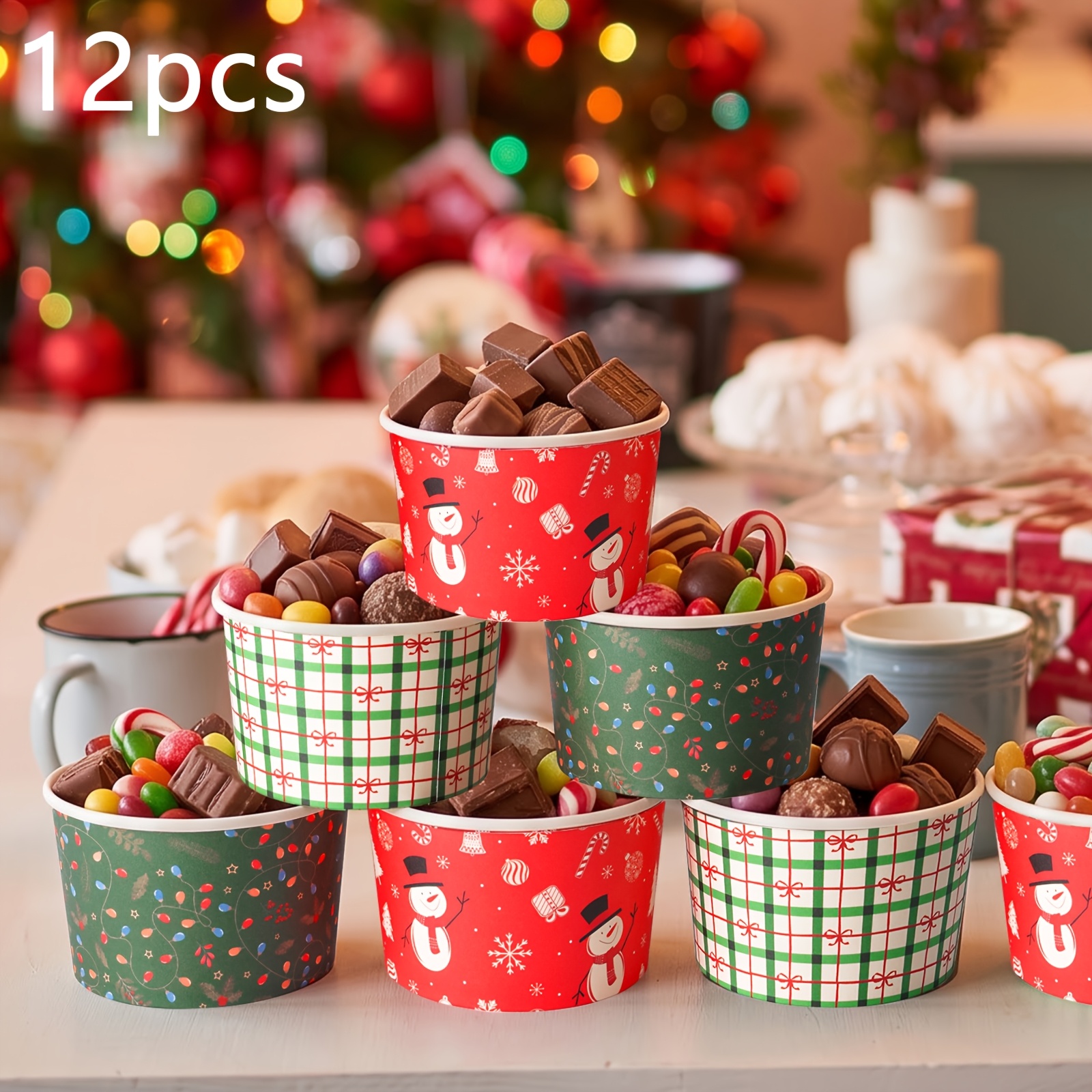 TEMU 12pcs/24pcs Disposable Christmas Paper Bowls, Dessert Snack Ice Cream Bowls Popcorn For Hot Or Cold Food, 260ml Large Capacity Xmas Party