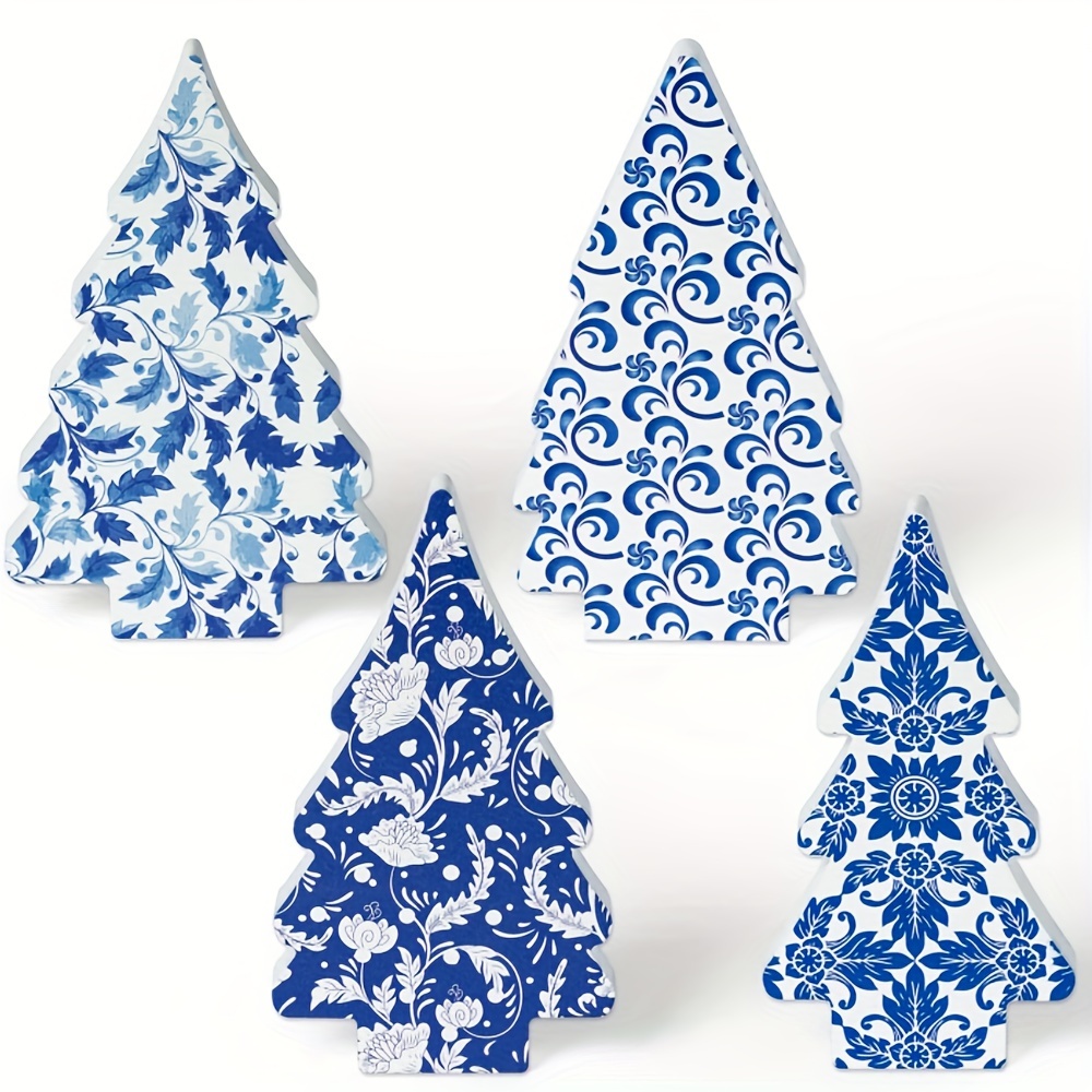 

4-pack Chinoiserie Christmas Tree Table Decorations, Wooden Blue And White Holiday Centerpieces, Double-sided Christmas Table Signs For Home, Farmhouse Tiered Tray Party Decor, No Electricity Needed