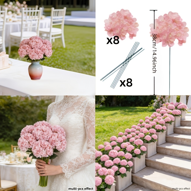 TEMU Set de 16 piezas (8 cabezas de flores y 8 ) Ramo de hortensia artificial rosa con , Decoración floral de cabeza de flor grande sintética, de