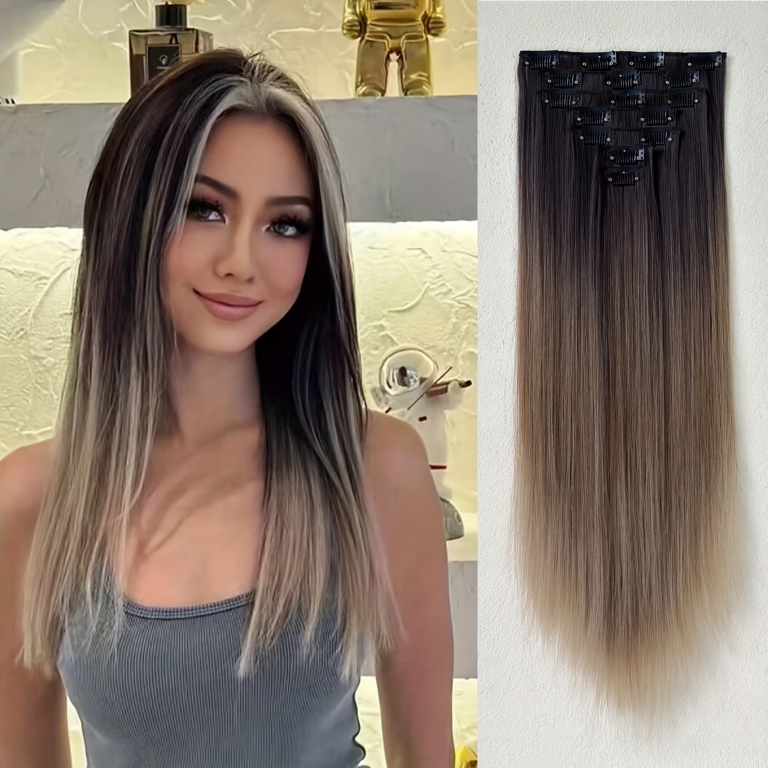 clip in hair extensions 16 clips 22 inch set ombre long straight hair extension for women synthetic hair extensions hairpieces details 1