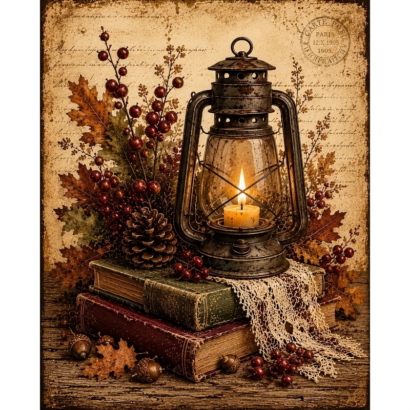 TEMU Autumn Vintage Oil Lamp And Old Book Still Life Diamond Painting 5d Kit With , Numbered For Beginners Art Experience, Handmade Wall Hanging