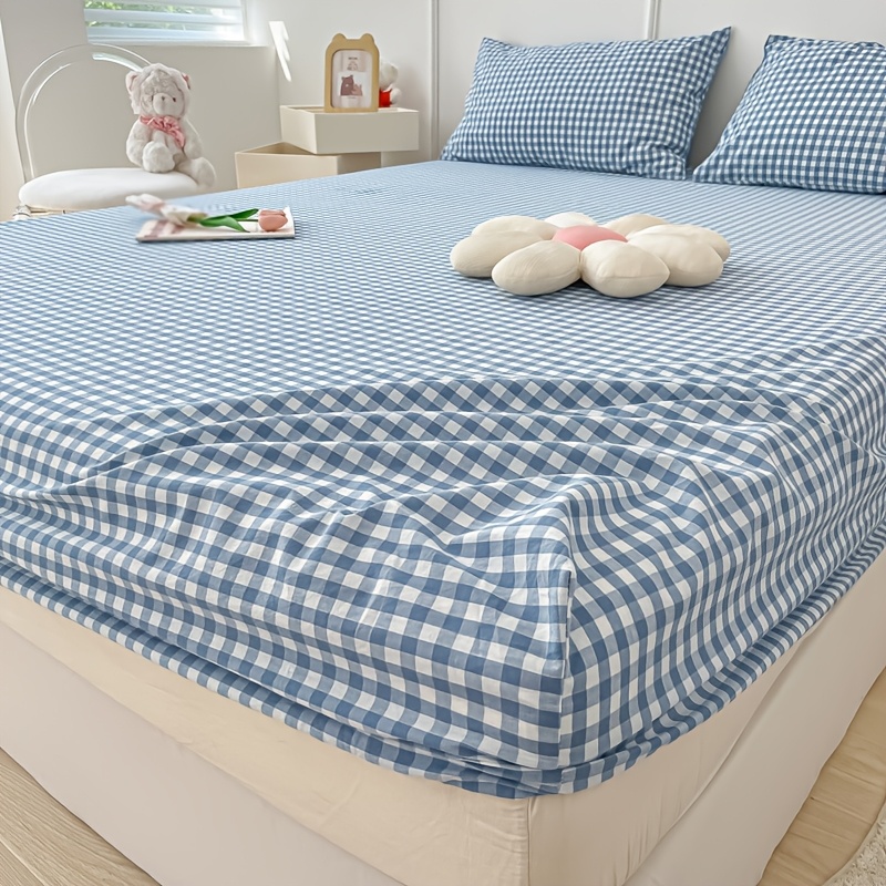 E-shop 3-teiliges Set Matratzenschoner mit gebürstetem Druck, 3-teiliges Set bedrucktes Spannbetttuch, blaues kleines Karomuster, enthält ein