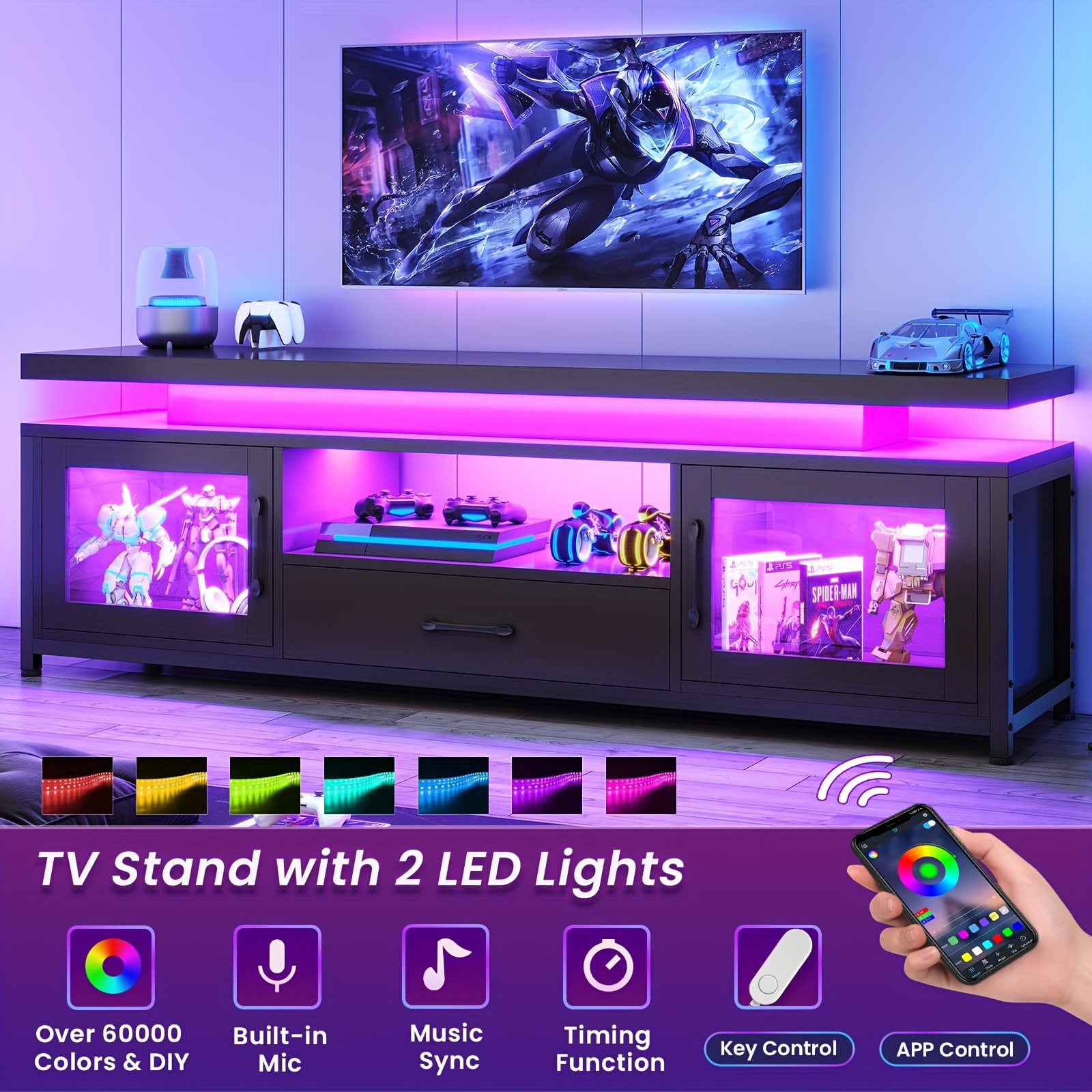 

Tv Stand Charging Stations And Led Lights For 55/60/65 Tv, Tv Drawer& For ,