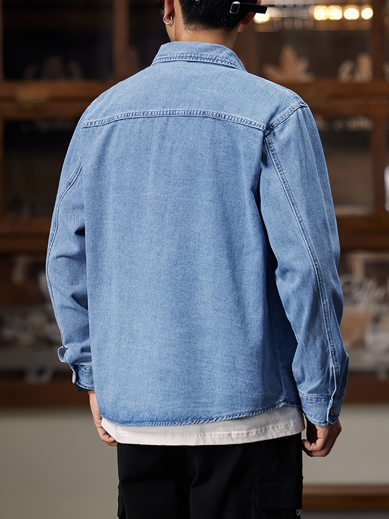 *'* Blue Denim Shirt Loose Fit Button-Up Blouse with Classic Pointed  Collar, Non-Stretch Fabric for Formal Casual Events