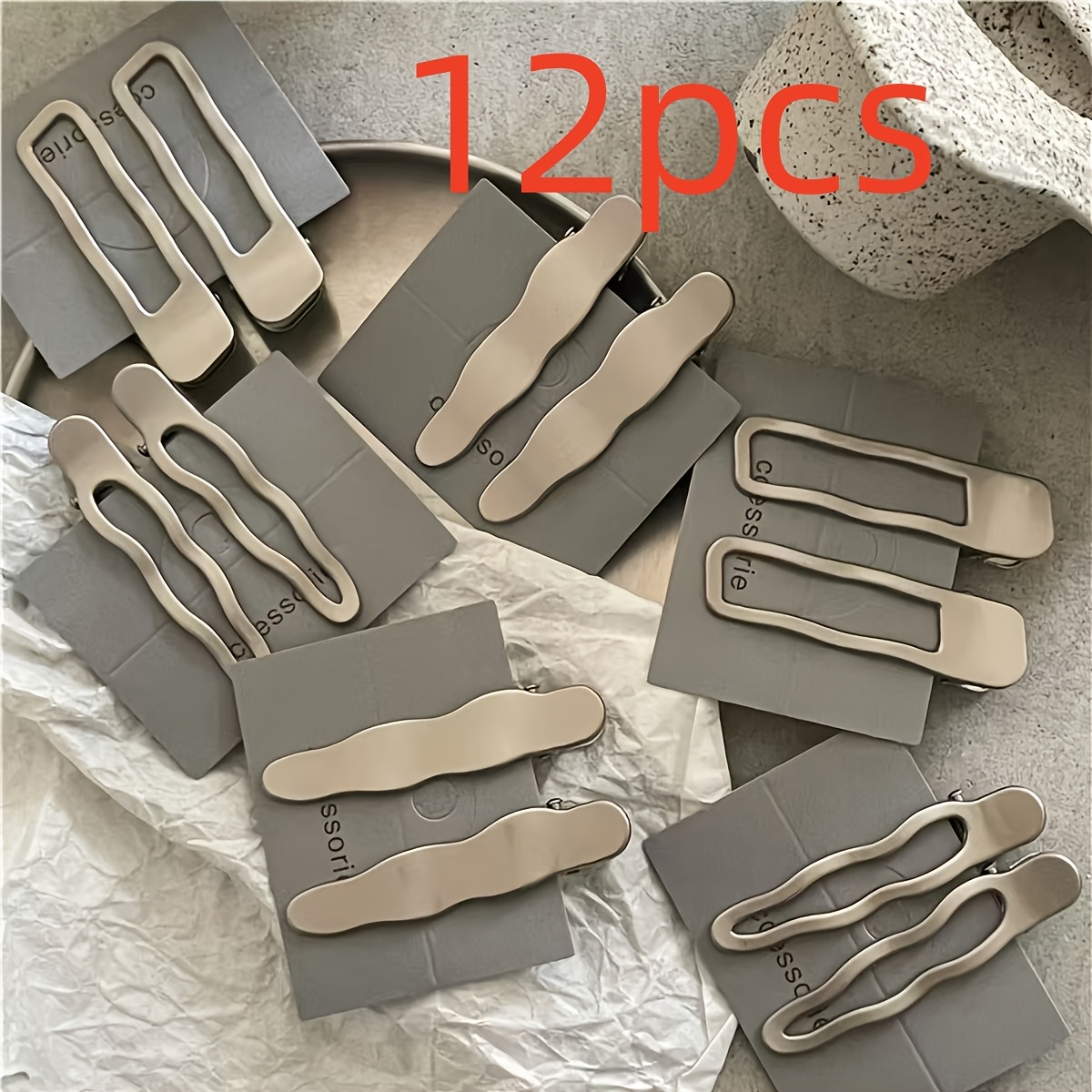 TEMU 12pcs Ins-style Minimalist Metal Hair Clips, Silvery Wavy Square Duckbill Clip Set, Japanese-style Girly Hair Styling Tool For Hair