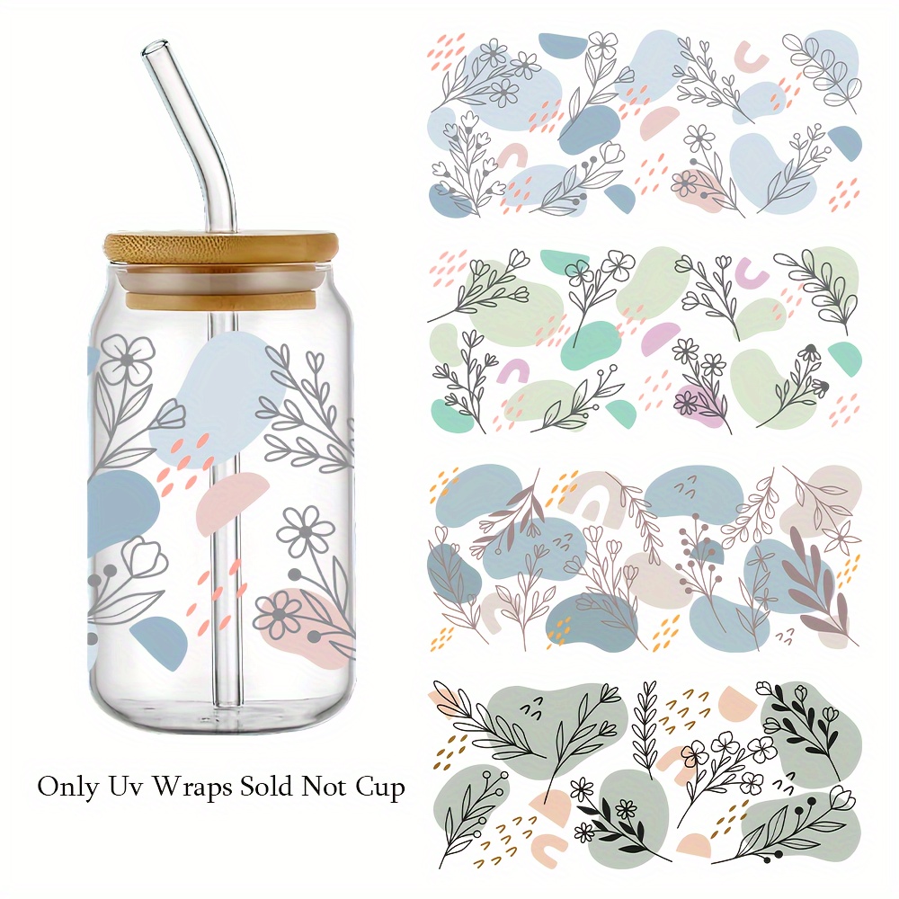 

Bohemian Wildflower Uv Dtf Cup Wraps - 4 Pieces, Durable And Sticky, Perfect For 16 Oz Glass Jars - Diy Decorative Paper