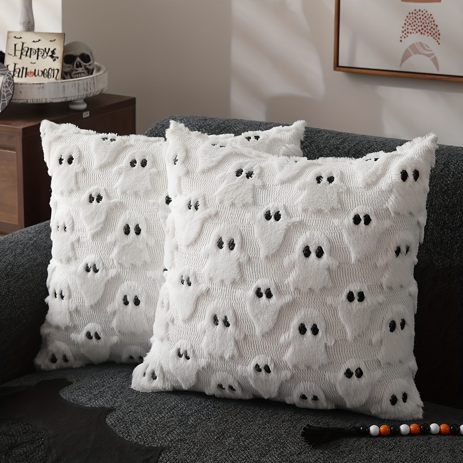 TEMU Halloween Pillowcase 18x18 Inches, White Quilted Plush, Cute Autumn Pillowcase, Soft Plush Wool Sofa Cushion Cover, Suitable For Chairs, Sofas,