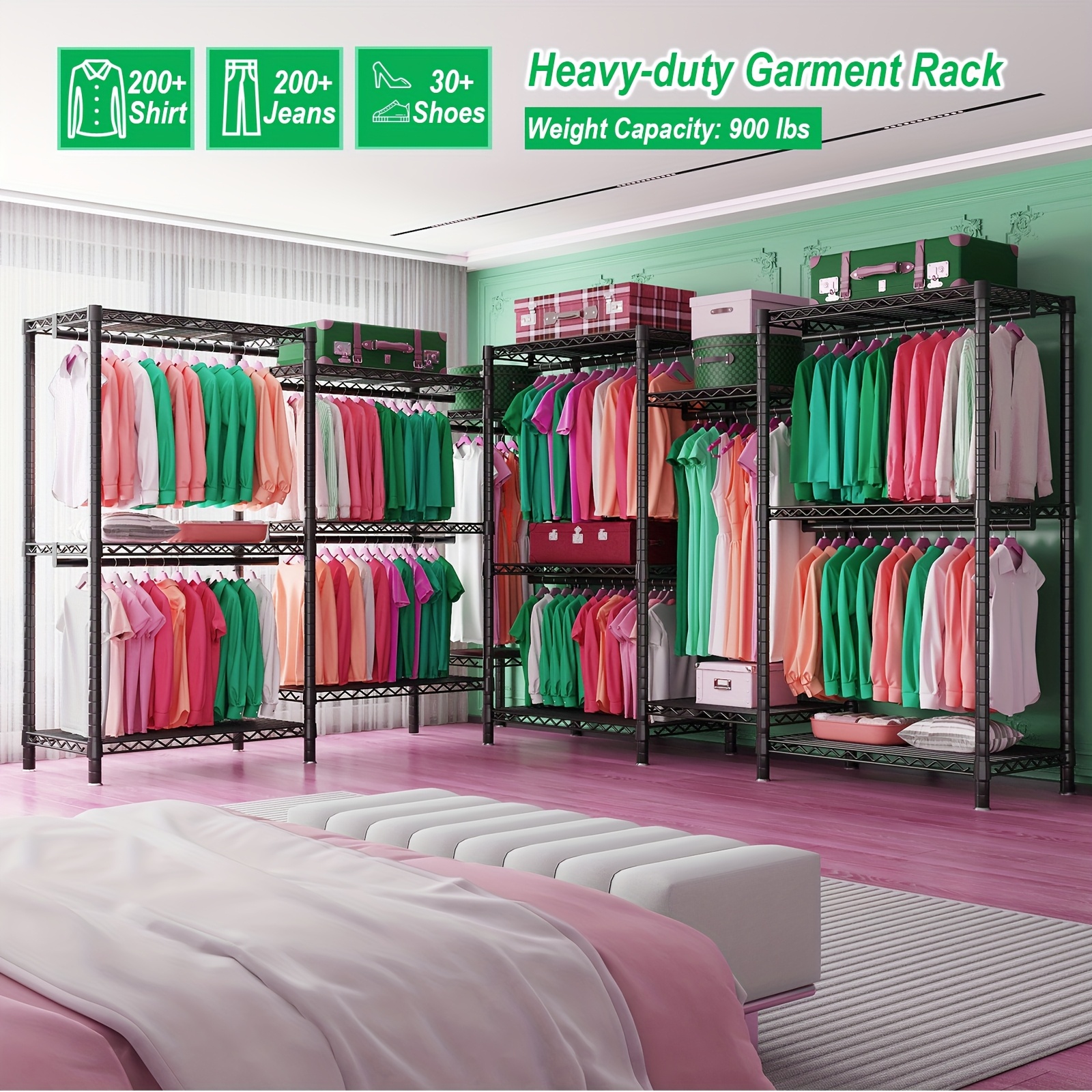 TEMU Portable Clothes Rack Heavy Duty 900 Lbs, Adjustable 3-tier 3-column Metal Garment Rack With 8 Shelves And 5 Rods, Freestanding Wardrobe Closet