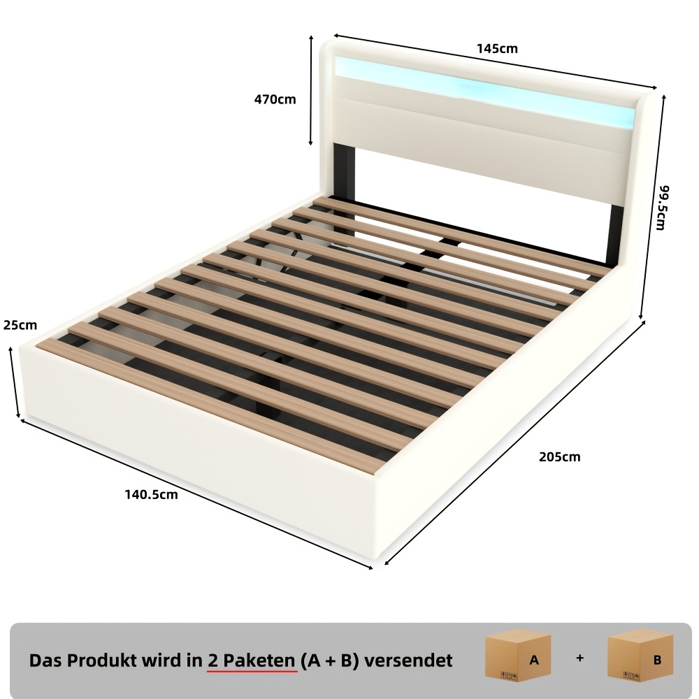 Image of 140 X 200cm Bed Frame With Hydraulic Lift And Led Light Headboard, Functional Upholstered Ottoman Bed With Led Lighting Hydraulic Storage Bed With Slat, No Mattress