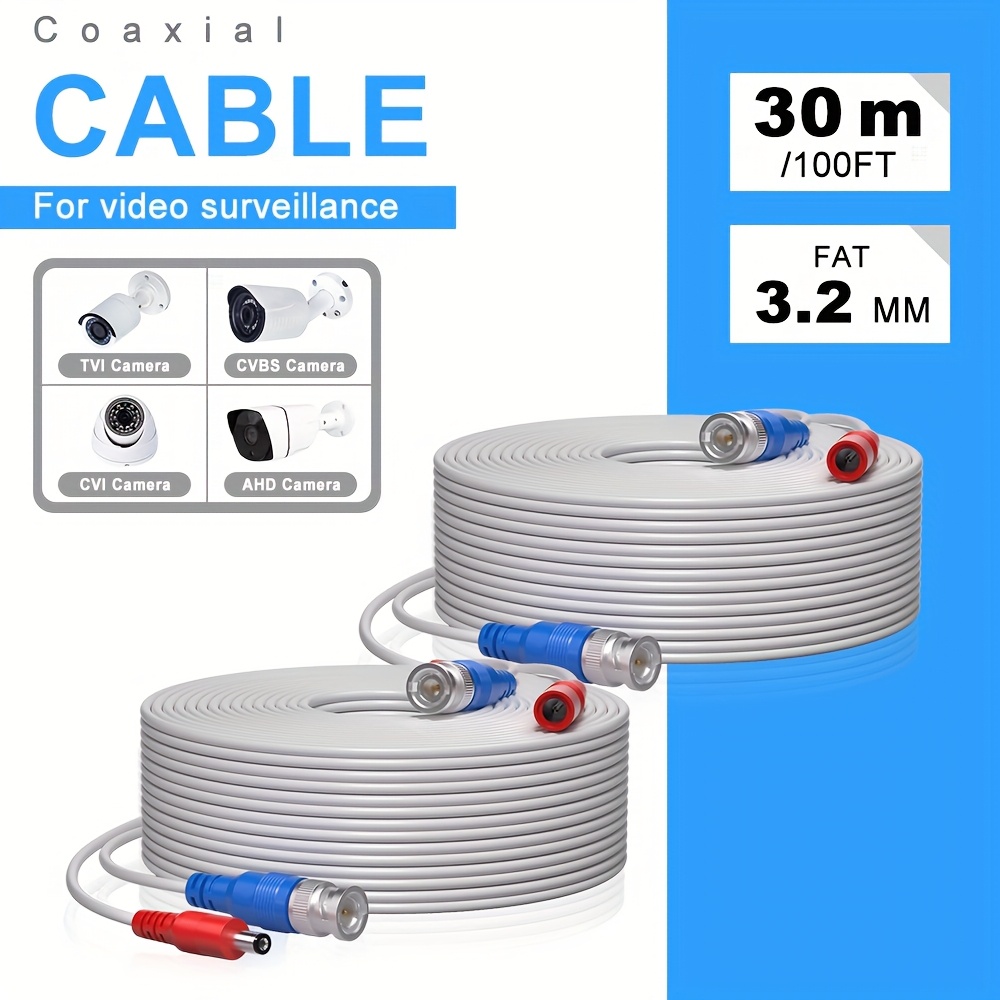TEMU 2pcs 100ft/ 30m Cctv Bnc Cable + Plug Cable For Cctv Camera Dvr Security Surveillance System Accessories White