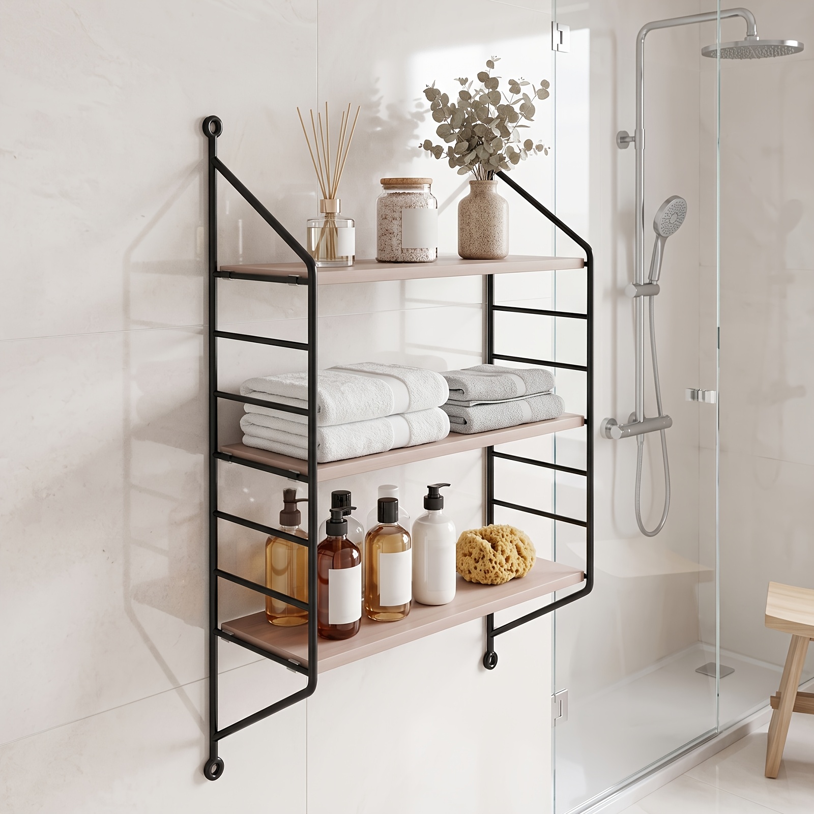 TEMU Space Saving Floating Shelves With 3 Tier Adjustable Storage Design, Durable Metal Support Frame And High Density Wooden Boards, Bathroom Wall