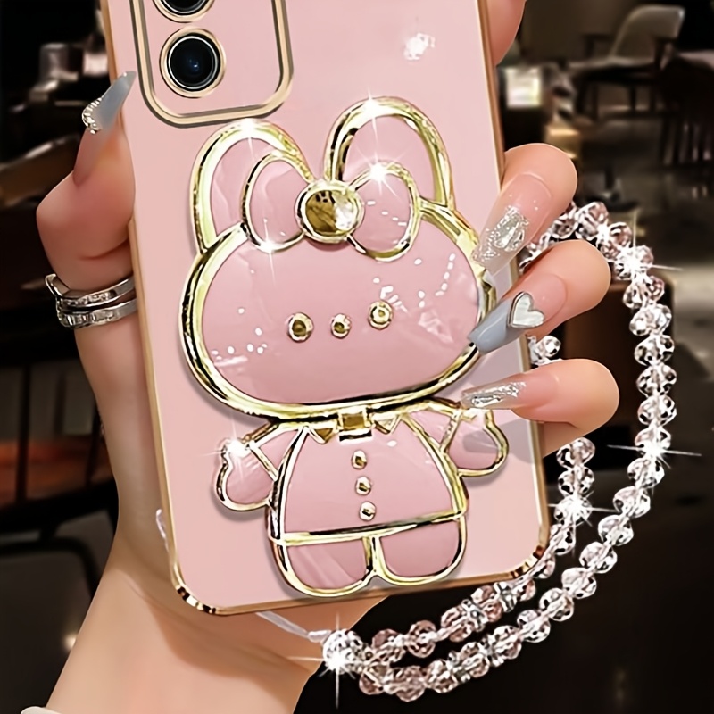 TEMU Cute Rabbit With Makeup Mirror Adhesive Phone Stand Suitable For Mobile Phones Rabbit Phone Case Desktop Stand Hollow Lazy Stand