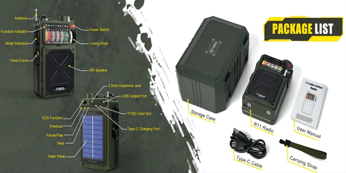 outdoor emergency multifunctional portable radio full band with wireless card slot wireless flashlight sos alarm home outdoor prevention radio solar powered details 1