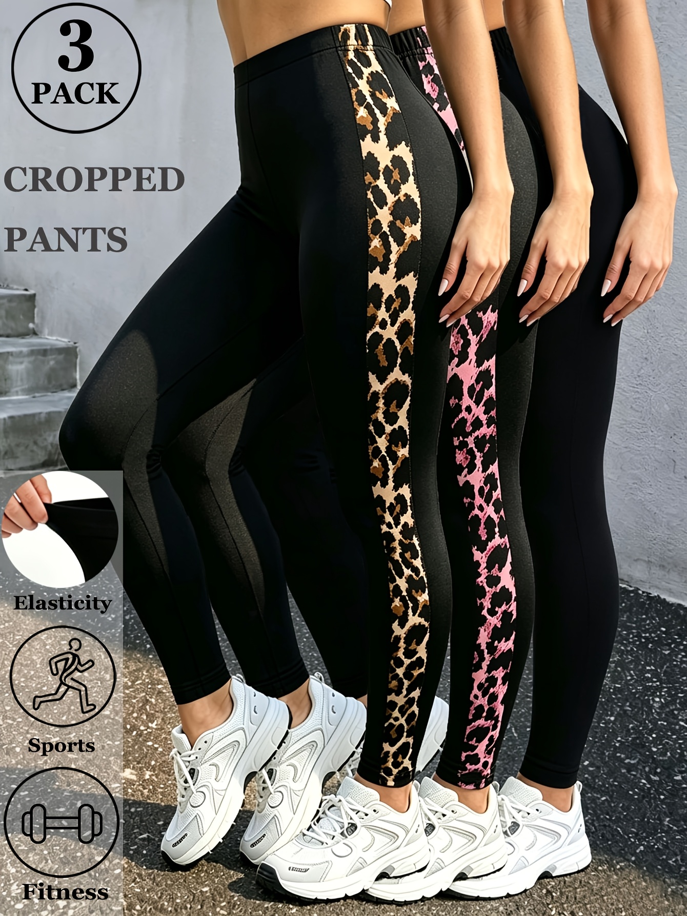 3-Pack Double-Sided Leopard Print Black Women'S Leggings, Sexy Fashion Elegant Retro Cropped Tight Pants, Easy Versatile