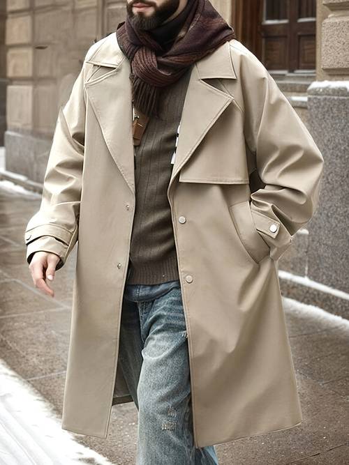 mens stylish beige trench coat double breasted notch lapel raglan sleeves loose fit length windbreaker for fall winter streetwear