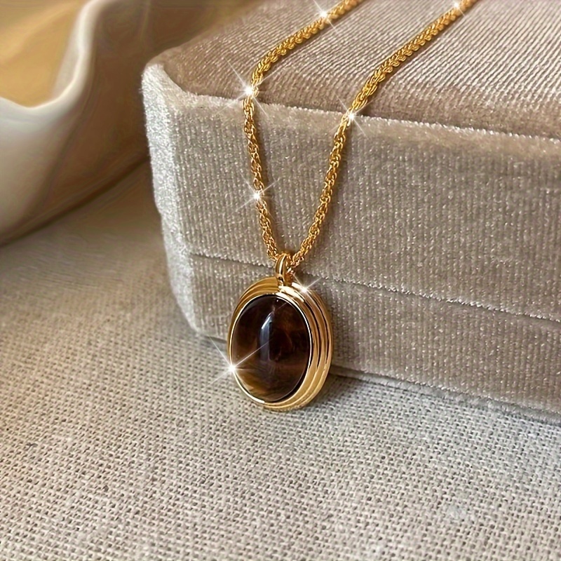 vintage elegant stainless steel tigers eye pendant necklace 18k golden plated no mosaic for daily and party wear womens jewelry details 0
