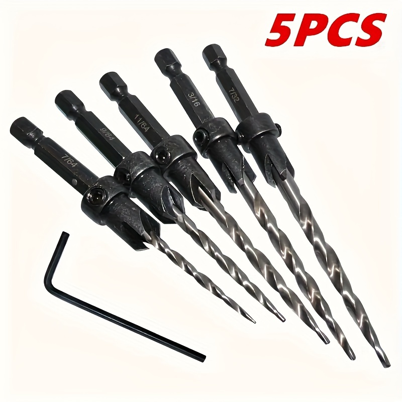 

5pcs High-speed Steel Countersink Drill Bit Set, Adjustable Tapered Hex Shank For Wood Milling - Single Item Packaging, Round Shank Type