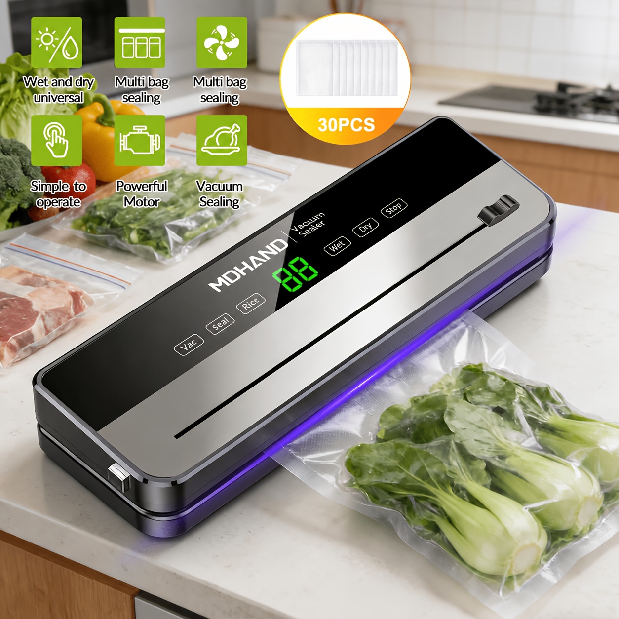 TEMU Mdhand Vacuum Sealer Machine, Includes 30 Textured Vacuum Bags, Led Digital Display, Dry/wet 2 , Built-in Bag Cutter, Compact Automatic Vacuum