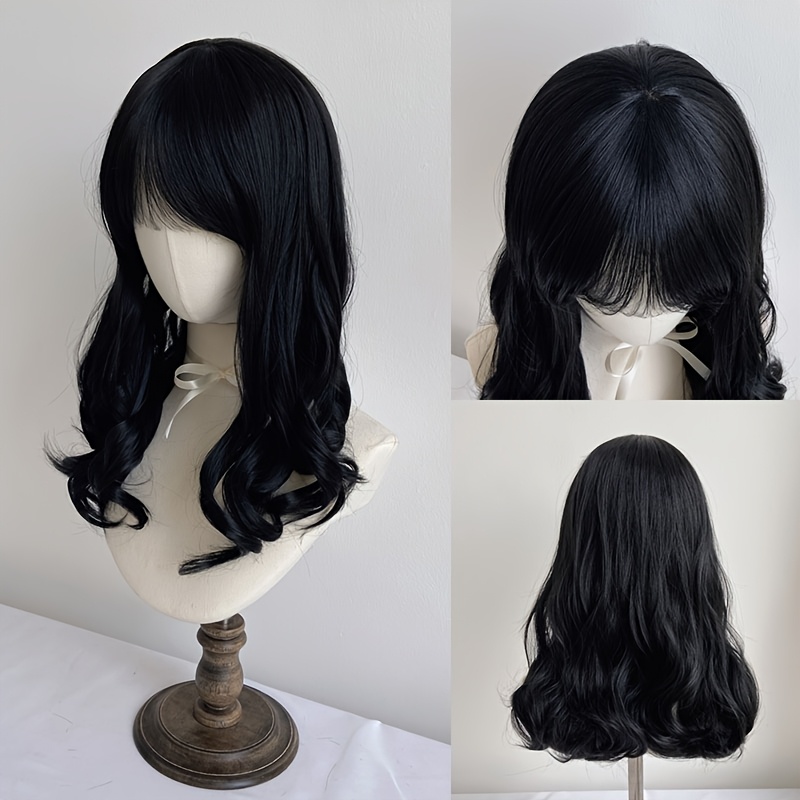 TEMU Women' Soft Flowy Dark Brown Long Curly Glueless Wig With Bangs, Fashion Synthetic Cosplay Hair Wig, Costume Accessory For Christmas Festival,