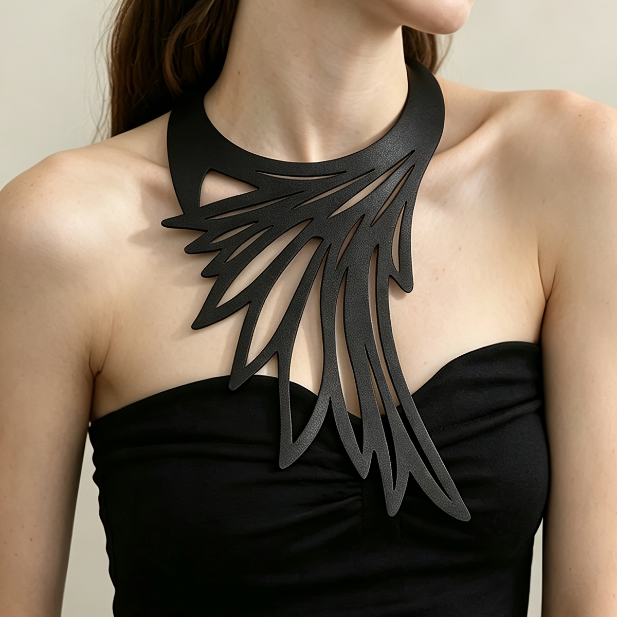 TEMU 1pc Gothic Y2k Pu Collar Necklace - Double-layer Wing Hollow-out Statement Piece With K Plating Suitable For, Parties, Music Festivals, Dark