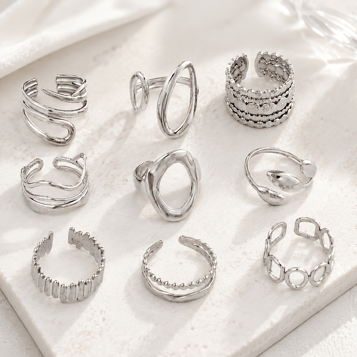 TEMU Juego de 9 anillos minimalistas de acero inoxidable, anillos de mujer apilables de moda con diseño geométrico irregular , opción versátil, para
