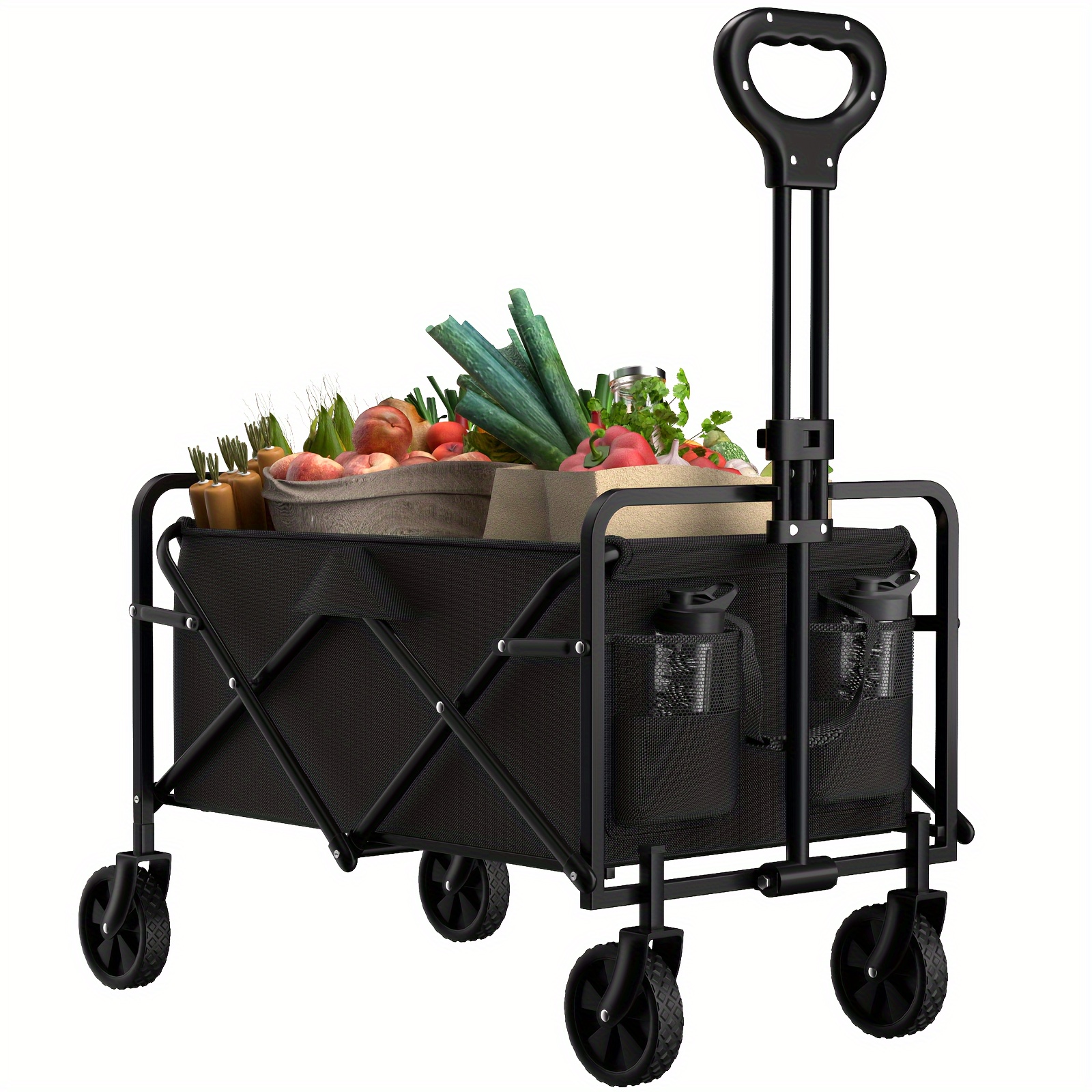 

Collapsible Folding Wagon, 300lb Load-bearing Outdoor Utility Cart With Silent Universal Wheels, Cup Holders &side Pockets, Adjustable Handle, For Camping, Garden, Sports, Picnic, Shopping