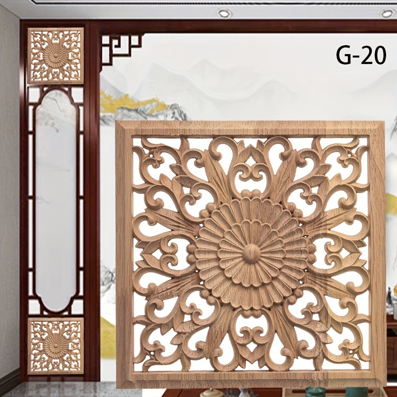 Image of 1pc Solid Wood Carved Inlaid Style Hollow Wooden 20cm Square Applique Home Decor, Unpainted. Suitable For Cabinets, Doors And Windows, Background Walls, Furniture Appliques, Decoration