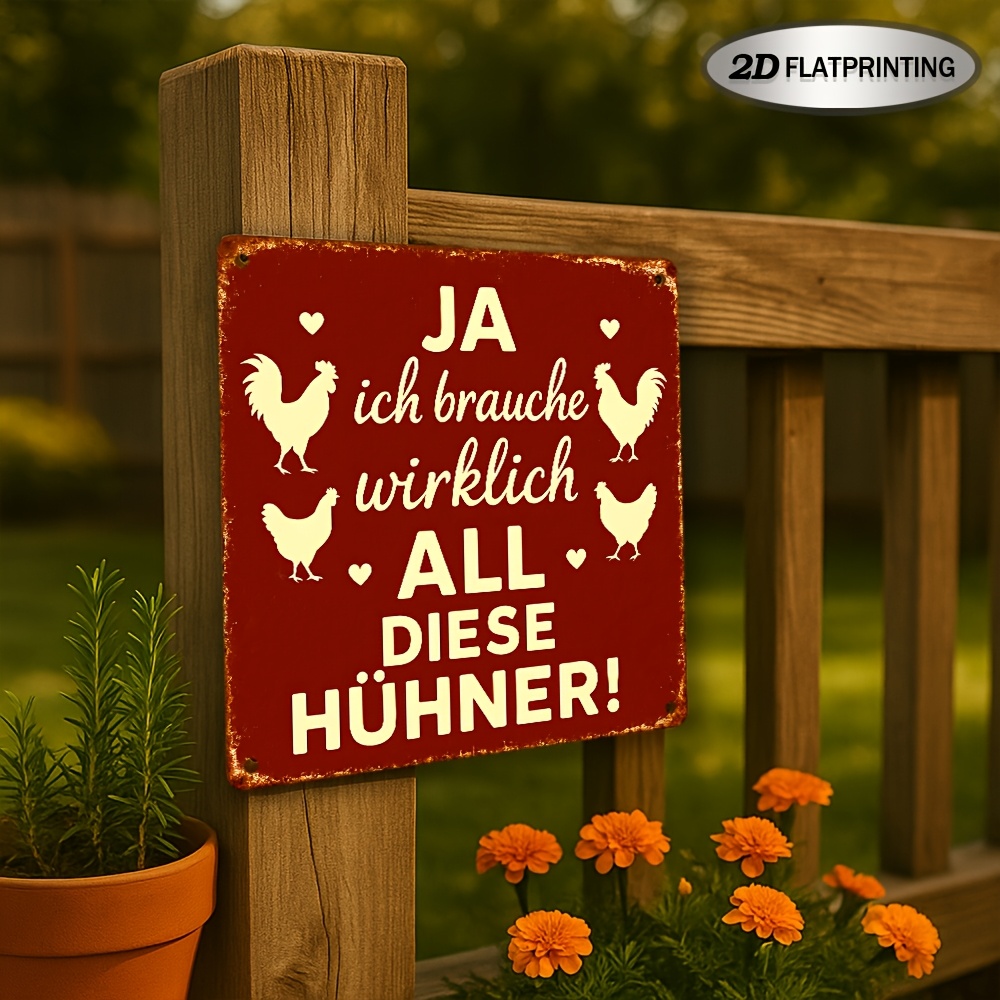 TEMU 2D Flach, . Vintage Bauernhaus Metallschild, Lustiges deutsches Hühner-Zitat, Rot & Retro Dekor, Hochleistungsplakette, 20.32X20.32 Cm, für