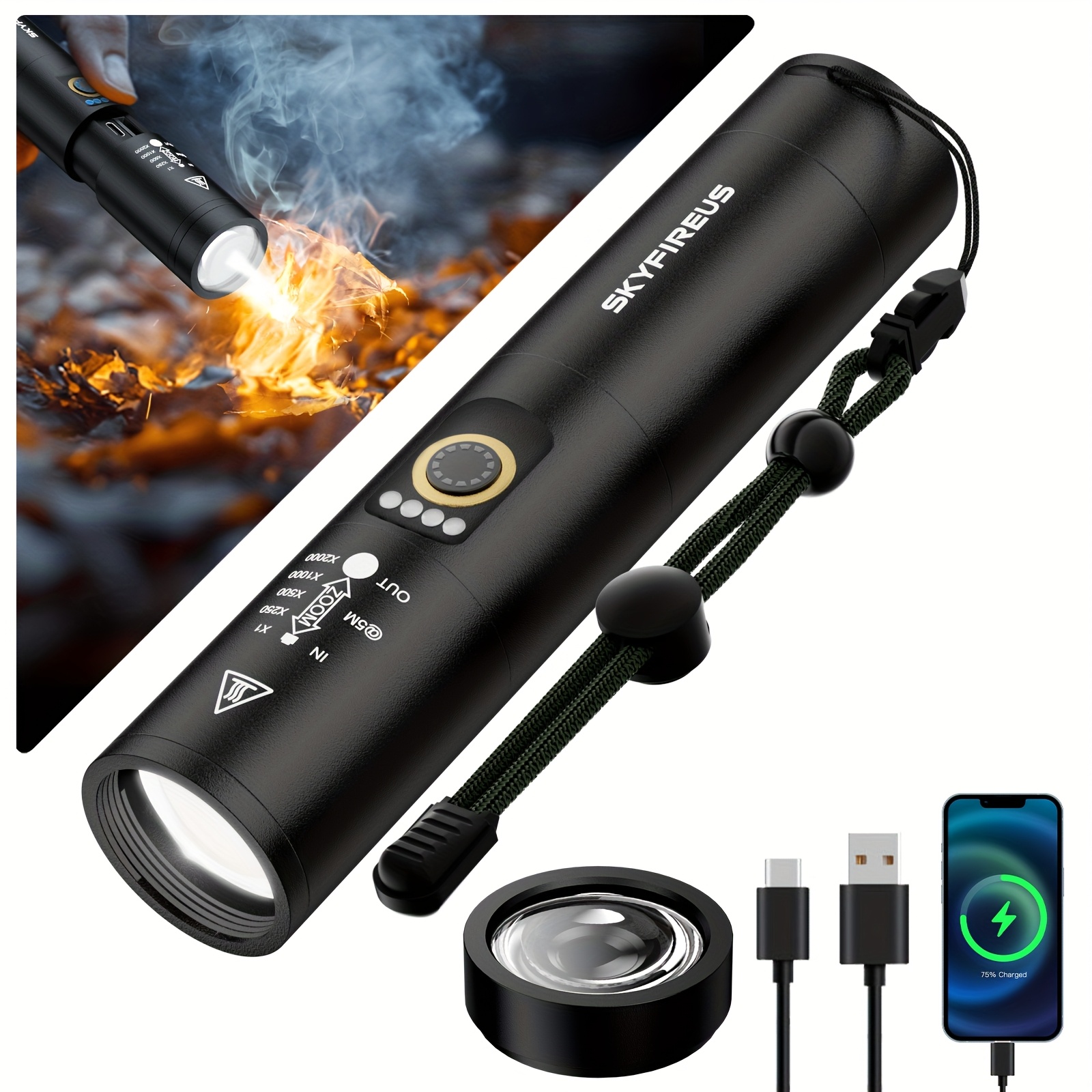 TEMU Skyfire Rechargeable Flashlight With Ignition Lens, 5000 Tactical Flashlight, 5 , Outdoor Camping Flashlight, Suitable For Outdoor, Camping, Farm, Family, Cycling Use
