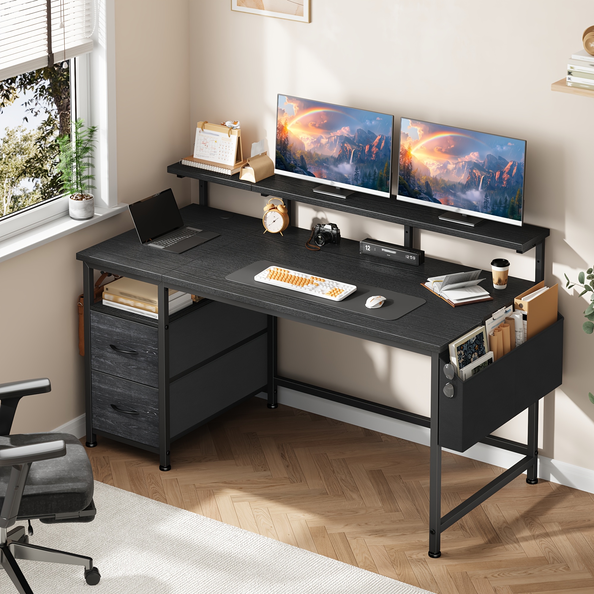 Computer Desk With 2 Drawers, Providing Storage Space, Desk With Monitor Stand, Equipped With 2 Storage Hooks, Compact Structure, Suitable For Students And Home Office Workers