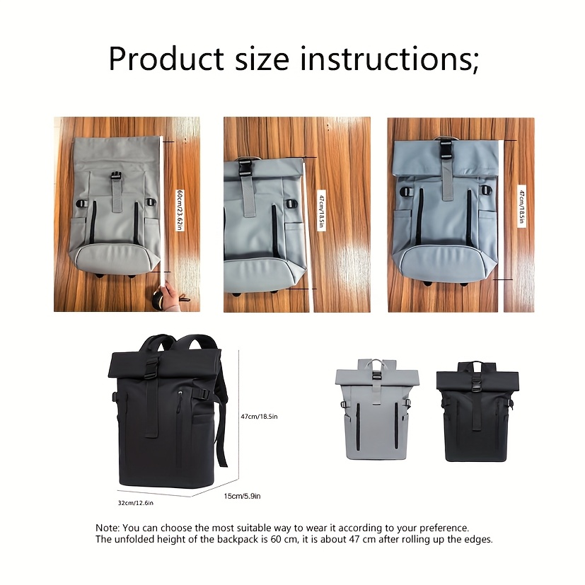 Unisex Travel Backpack, Lightweight Roll-top Design with Anti-theft Zipper, Fashionable Premium Fabric, Black and Gray
