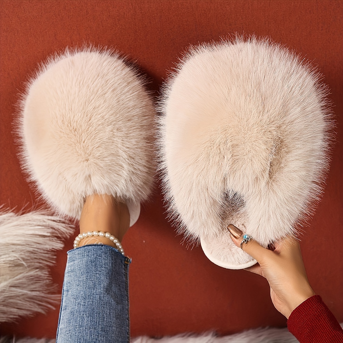 

1 Pair Elegant Fur Slippers For Women, Indoor/outdoor House Shoes, Korean Style Warm Flat Non-slip , , Fabric Lined, For All