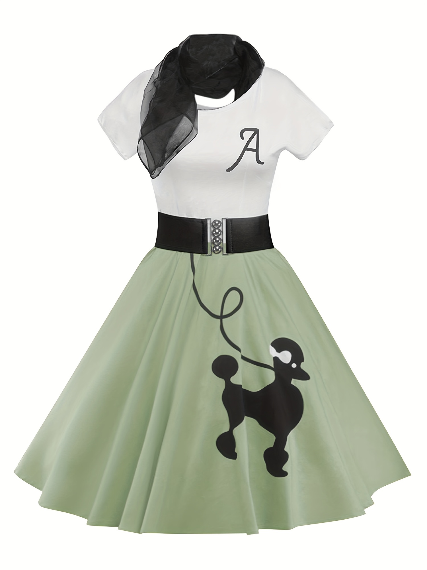 Women's Retro Poodle Print Dress Vintage High Waist Rockabilly Swing Tee  Cute Dresses