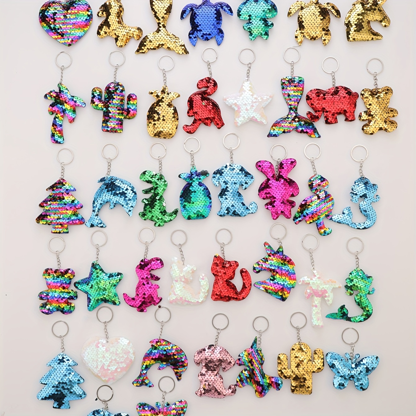 

40pcs Sparkling Sequin Keychain Set - Cute Dinosaur, Dolphin, Turtle & Unicorn Charms For Women - Back To School Gifts & Party Favors