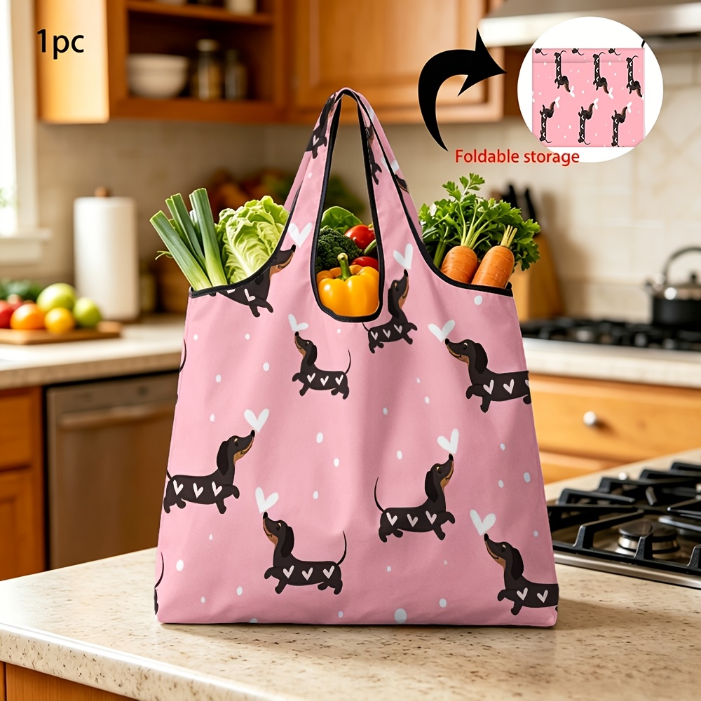 TEMU 1pc Reusable Portable Shopping Bag With Cute Dachshund Dog Print Foldable Large Capacity Grocery Tote
