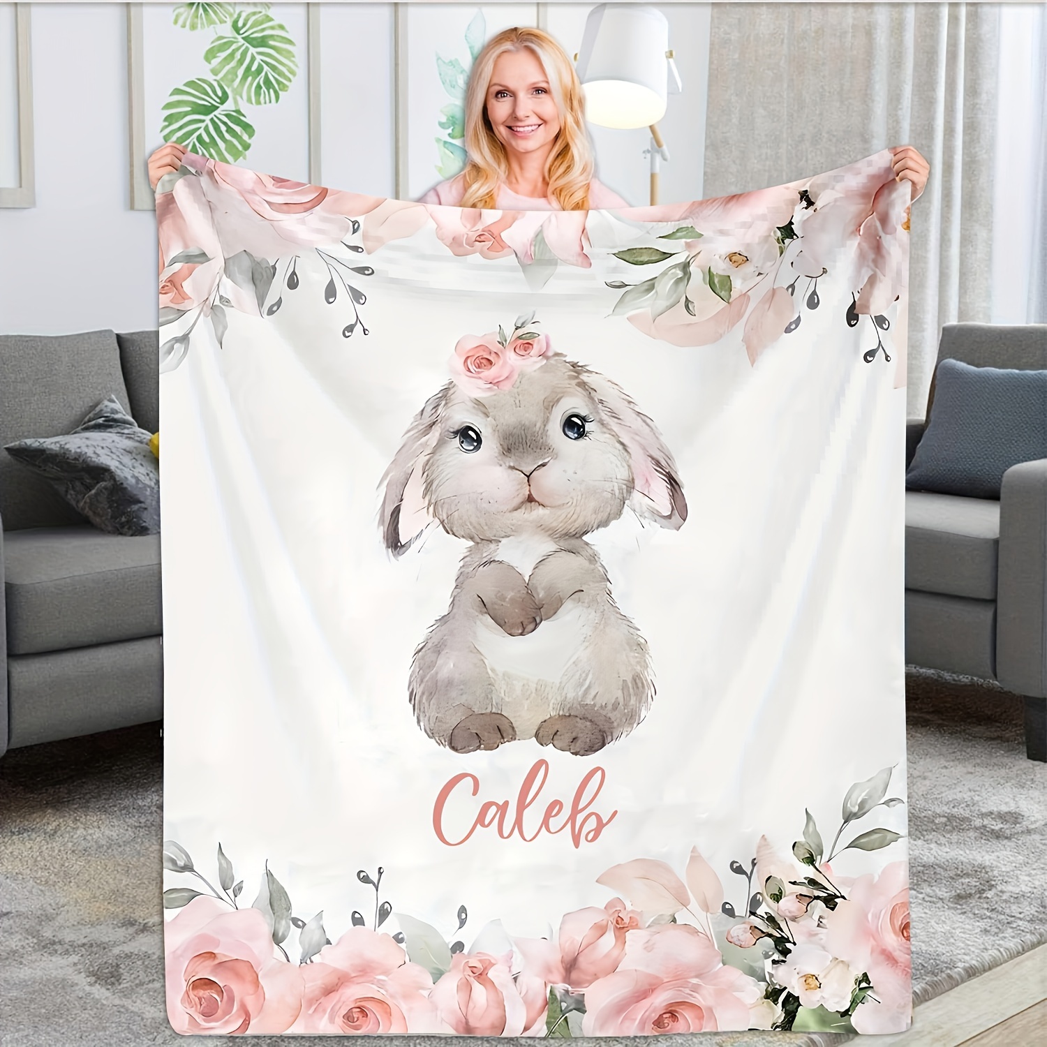 

Personalized Name Blanket: Customizable Fleece Throw With Adorable Bunny Design - Perfect Gift For Any Occasion
