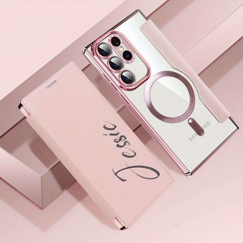 TEMU Phone Case: Personalized Engraving Initials Name Letter Faux Leather Magnetic Phone Case For For Galaxy S25 S24 S23 S22 A15 A25 A55 Flip Lens